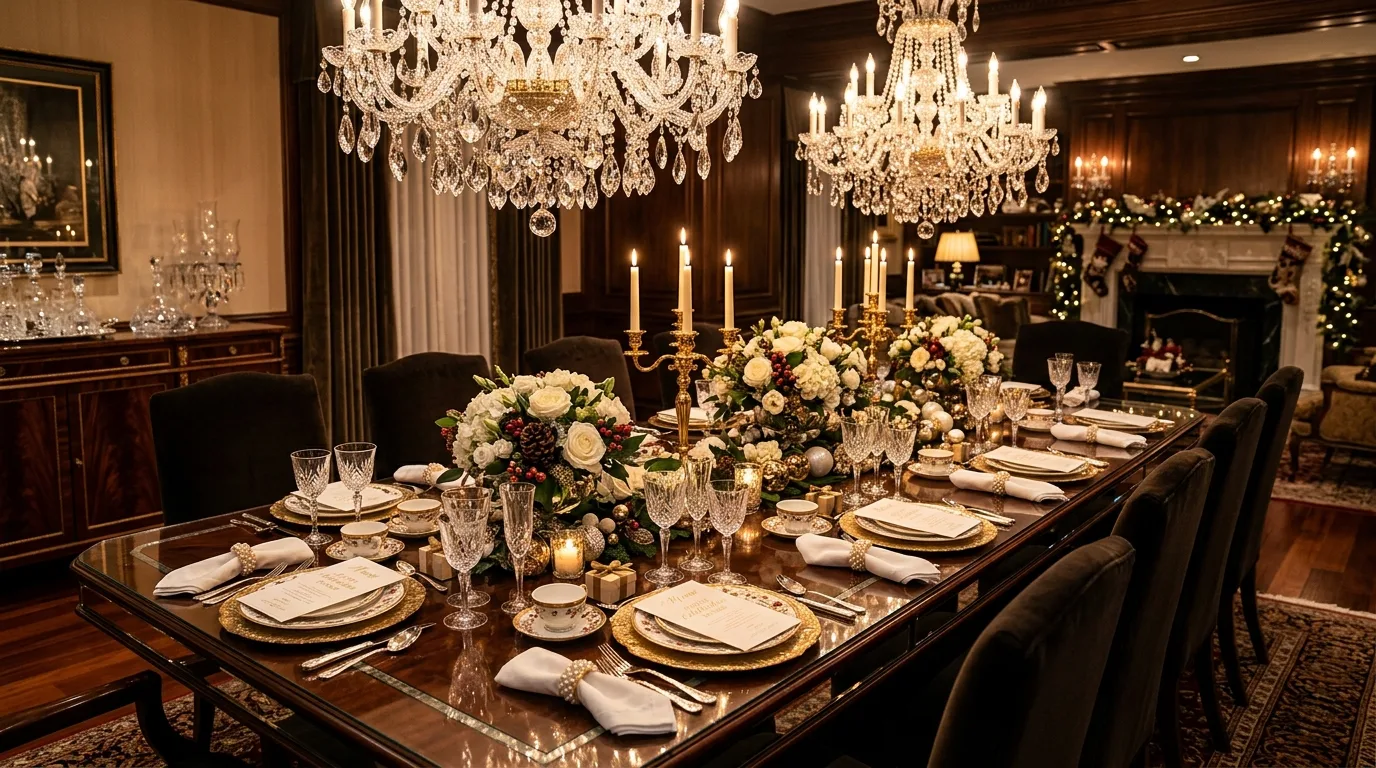 Keep the centerpiece elegant so it never blocks conversation inspiration for a holiday dining table.